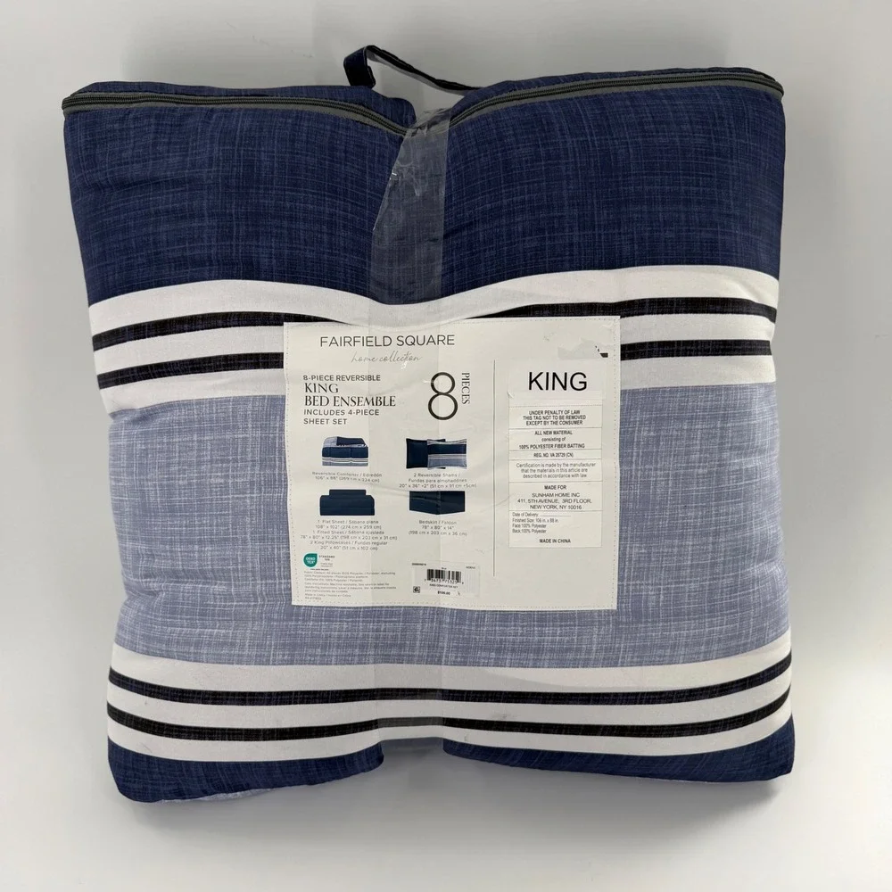 Fairfield Square King 8 Piece Reversible Bed Ensemble Blue Stripe Comforter Set